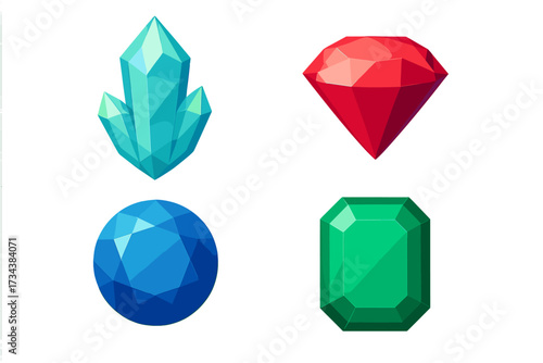 Assortment of vibrant faceted gemstones and sparkling crystals in diverse shapes and colors including red, blue, green, and teal