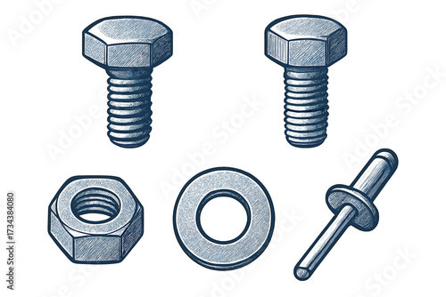 Assortment of metal fasteners and hardware components including bolts, nut, washer, and rivet for industrial use