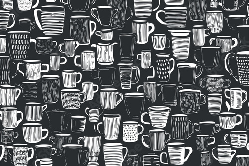 A creative black and white pattern featuring various hand-drawn cups and mugs..