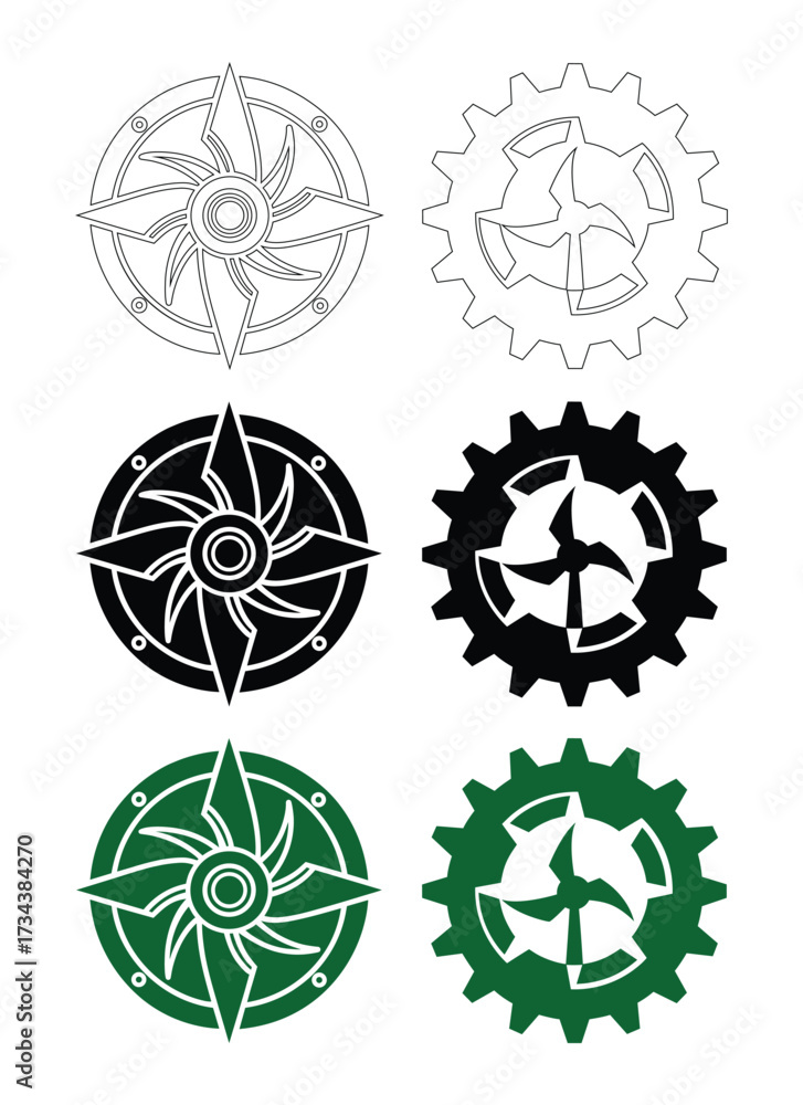 Fototapeta premium Wind Turbine Gear Icon Set with Renewable Energy, Mechanical Power Generation, and Industrial Technology Symbols in Line, Solid and Color Style