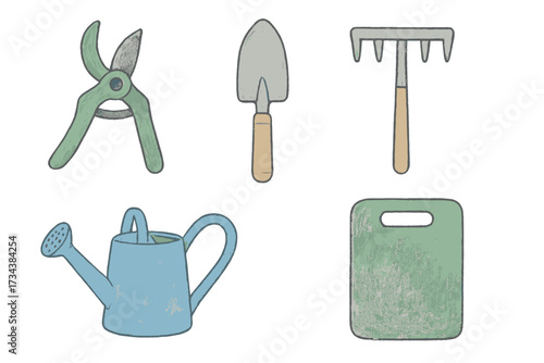 Essential gardening tools and equipment including pruning shears, hand trowel, rake, watering can, and kneeling pad