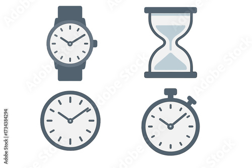 Collection of time measurement devices including wristwatch, hourglass, clock, and stopwatch icons