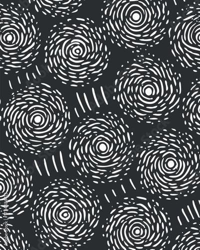 A modern abstract pattern featuring swirling lines and circles on a dark background..