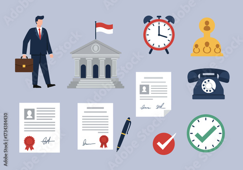 Flat illustration set featuring a businessman government building documents and communication icons