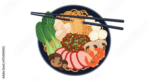 A delicious bowl of noodle soup with various toppings like shrimp mushrooms and meat.
