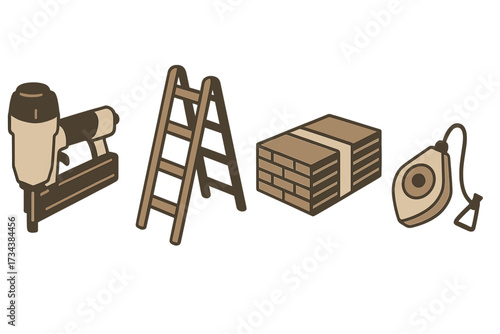 Various construction and building tools and materials including a nail gun, ladder, stack of bricks, and plumb bob