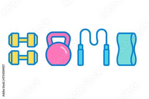 Essential workout gear including dumbbells, kettlebell, jump rope, and yoga mat for home fitness