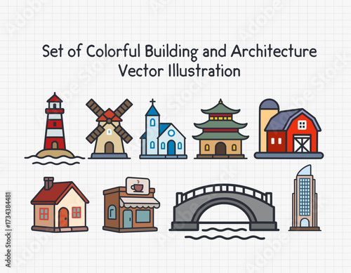 Set of Colorful Building and Architecture Vector Illustration