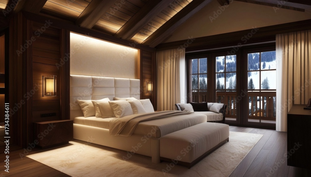 Naklejka premium The image shows a bedroom with a beige upholstered bed, wooden floors, and large windows overlooking a snowy mountain landscape.