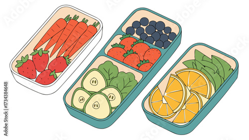 Illustration of three lunch boxes with various fruits and vegetables