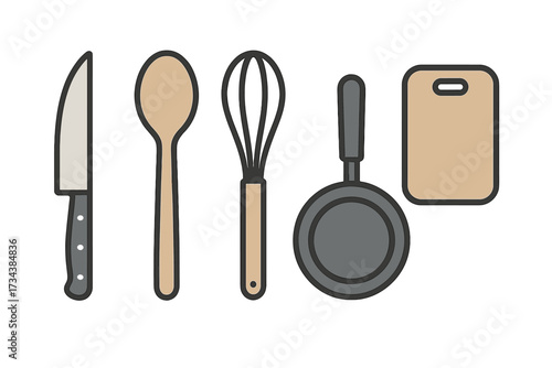 Collection of essential kitchen cooking tools and utensils including knife spoon whisk pan and cutting board