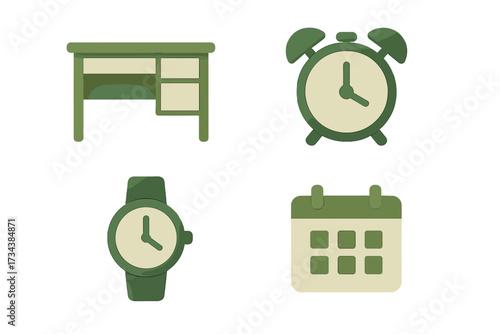 Minimalist green and cream office and time management objects including desk alarm clock wristwatch and calendar for daily planning