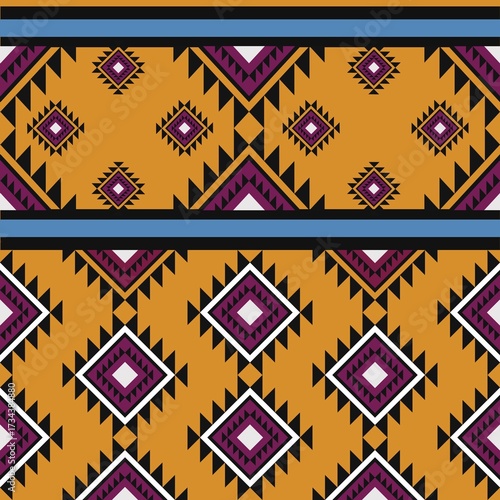 Seamless ethnic tribal pattern with geometric diamond shapes, colorful bohemian textile design inspired by Aztec and Navajo motifs. Perfect for fabric, fashion, wallpaper