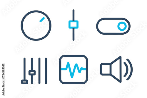 Modern user interface icons for digital audio control, sound settings, volume, equalizer, and various system adjustments