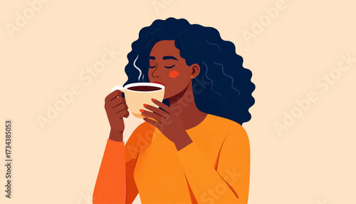 Illustration of a woman enjoying a hot beverage in a mug.