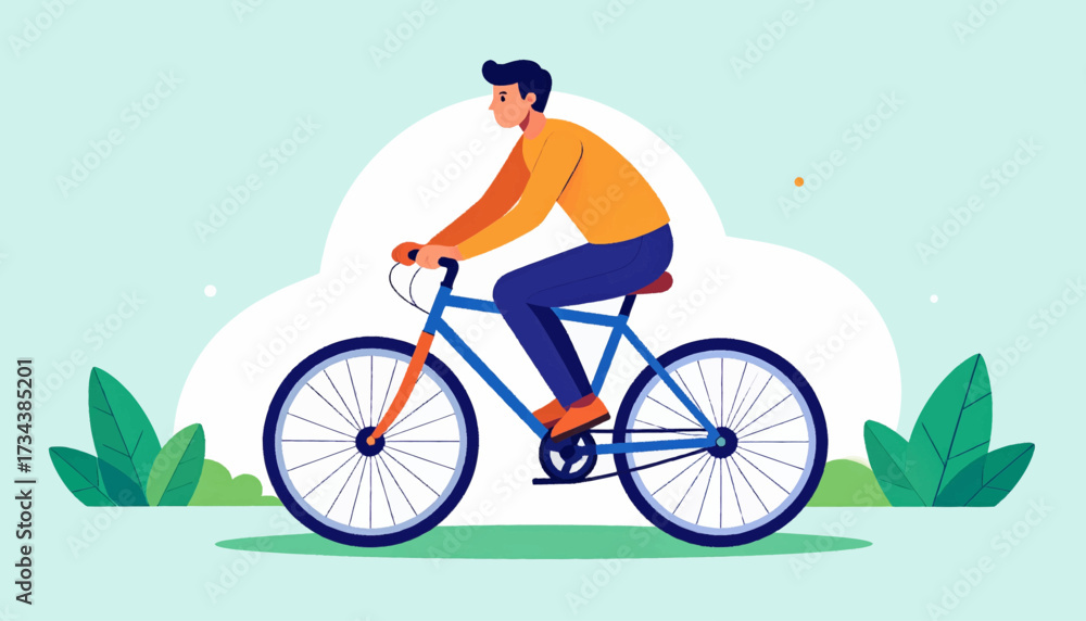 Fototapeta premium Illustration of a man riding a blue bicycle with orange wheels and wearing an orange shirt and blue pants.