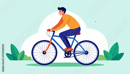 Illustration of a man riding a blue bicycle with orange wheels and wearing an orange shirt and blue pants.