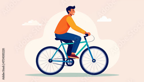 Man riding a bicycle in a cartoon style illustration.