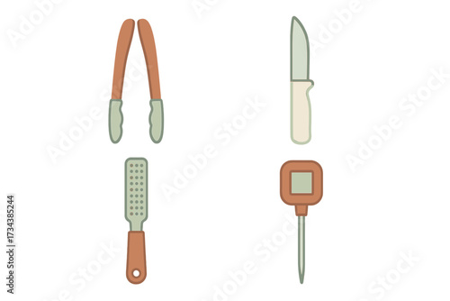 Collection of essential kitchen utensils for cooking and food preparation, including tongs, knife, grater, and thermometer