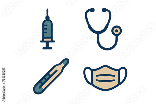 Collection of essential medical equipment including syringe, stethoscope, thermometer, and protective face mask
