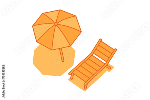 Bright orange beach umbrella and comfortable lounge chair on sandy ground for a relaxing summer vacation