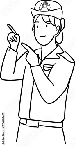 outline drawing  of a female police officer gesturing pointing something
