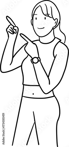 outline drawing  of fitness trainer gesturing pointing something