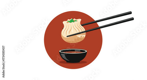 Delicious steamed dumpling being lifted by chopsticks over a dipping sauce bowl.