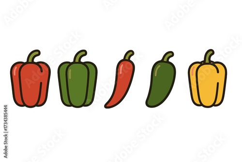 Colorful assortment of fresh bell peppers and chili peppers arranged in a row, vibrant red, green, and yellow vegetables