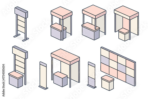 Isometric trade show exhibition booth and display stand elements for event marketing, product promotion, and business conferences