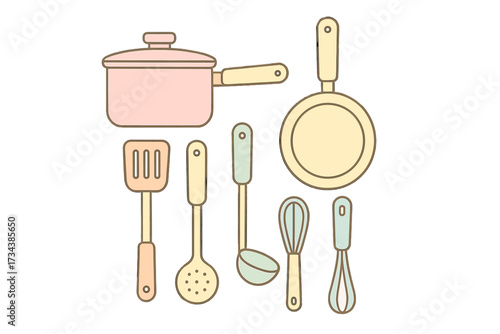 Stylized kitchen cooking equipment and essential utensils including a saucepan, frying pan, spatula, and whisks