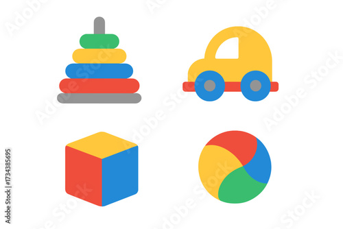 Colorful collection of classic children's toys with stacking rings, toy car, building block, and beach ball