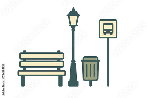 Urban street furniture collection featuring a park bench, classic lamppost, public trash can, and bus stop sign