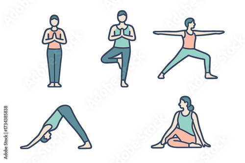 Diverse group of women practicing various yoga poses for fitness, meditation, and overall well-being, promoting a healthy and balanced lifestyle