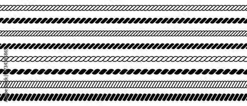 Rope line pattern. Braided cord border. Brush thread texture. Vector nautical vintage ornaments in a row isolated on white background.