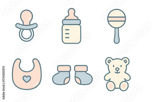 Adorable collection of essential baby items including pacifier, feeding bottle, rattle toy, soft bib, warm booties, and a cute teddy bear