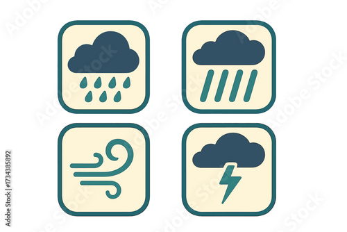 Modern weather forecast symbols for various conditions including rain, heavy rain, wind, and thunderstorms