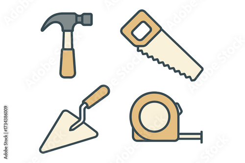 Essential construction and home improvement tools: hammer, hand saw, trowel, and tape measure for building and repair