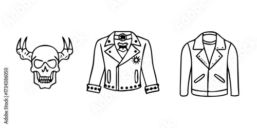 Metalhead Icon Set. Outline icon set of Metalhead Style: band logo tee, leather jacket, skull ring, studded.