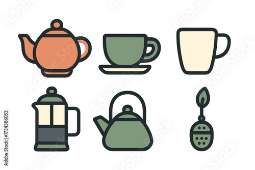 Collection of essential kitchenware for brewing hot beverages including teapots, coffee press, cups, kettle, and tea infuser