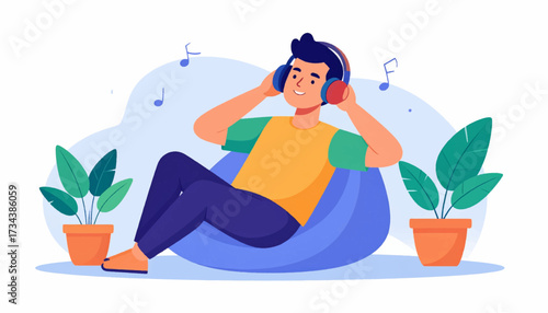 Illustration of a man relaxing in a beanbag chair while listening to music with headphones.