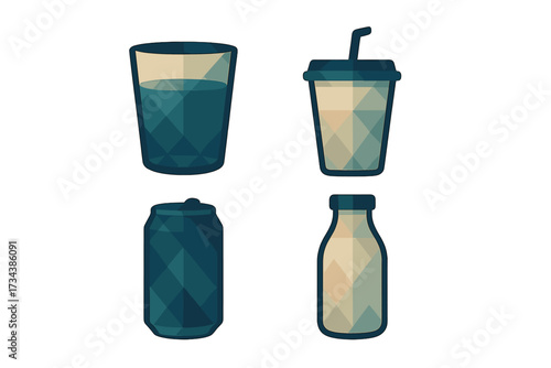 Assortment of common drink containers including glass, cup, can, and bottle with geometric patterns