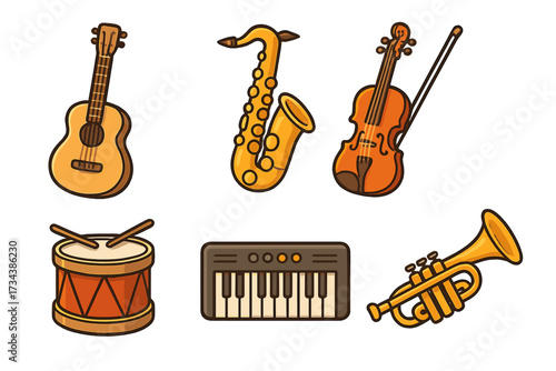 Diverse set of musical instruments featuring guitar saxophone violin drum keyboard and trumpet for music concepts