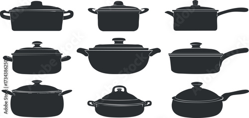 A collection of silhouette illustrations of various cooking pots and pans in different styles..