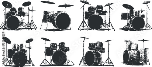 A collection of illustrated drum sets showcasing various styles and configurations in black and white..