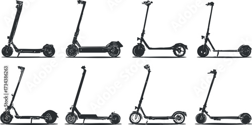 A collection of various electric scooters showcasing modern designs and features for urban commuting..