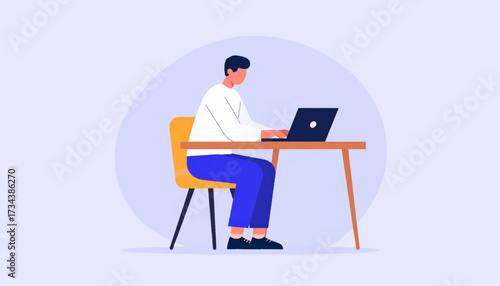 Illustration of a man working on a laptop at a desk.