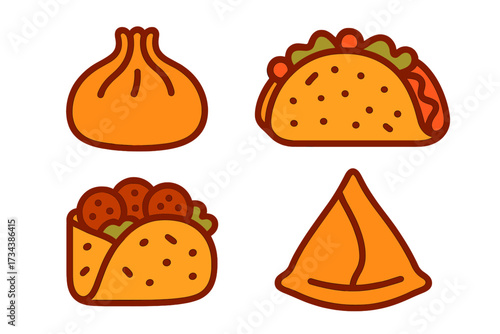 Collection of diverse international street food icons featuring a dumpling, taco, burrito, and samosa in a simple style