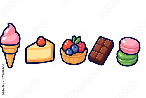 Colorful collection of sweet desserts featuring ice cream cone, cheesecake, fruit tart, chocolate bar, and macarons