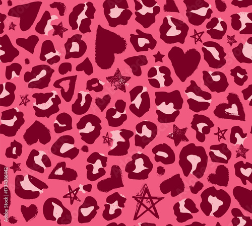 Seamless leopard print pattern. Repeating vector print with sketched hearts, stars and cheetah spots on a pink background. Apparel textile pattern. Hand drawn illustration.